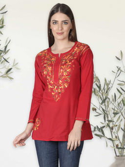 Seva Chikan - Hand Embroidered Red Cotton Lucknowi Chikankari Tunic