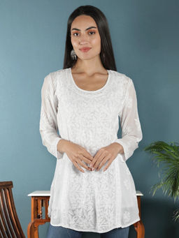 Seva Chikan - Hand Embroidered White Viscose Georgette Lucknowi Kurti with Inner (Set of 2)