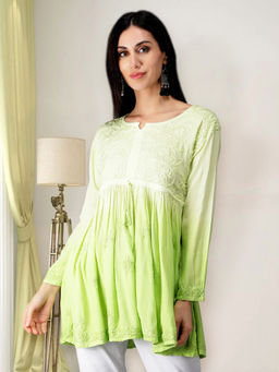 Seva Chikan - Hand Embroidered Lime Green Rayon Cotton Lucknowi Chikankari Tunic