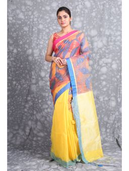 CHARUKRITI - Yellow Blue Woven Design Zari Pure Silk Saree with Unstiched Blouse