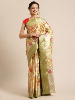 Banarasi Silk Works - Gold & Green Tissue Meena Jaal Border Saree with Unstitched Blouse