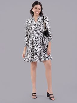 Oh Rare - Women Black Printed Dress with Belt