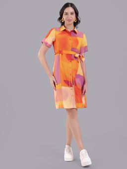 Oh Rare - Women Multi-Color Printed Dress with Belt
