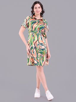 Oh Rare - Women Multi-Color Printed Dress with Belt