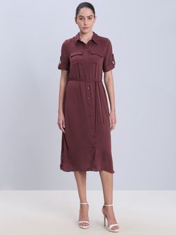 VERO MODA - Brown Button-Down Utility Shirt Dress with Belt