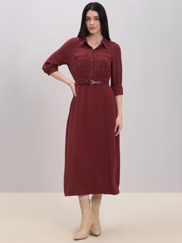 VERO MODA - Brown Classic Midi Shirt Dress with Belt