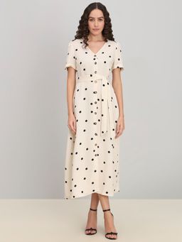 VERO MODA - Beige Minimal Polka Dots V-Neck Dress with Belt