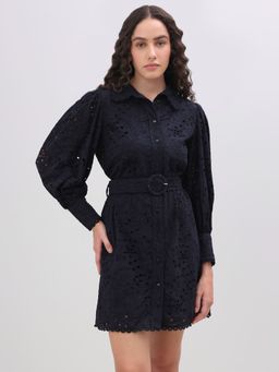 VERO MODA - Black Floral Cut-Work Shirt Dress with Belt
