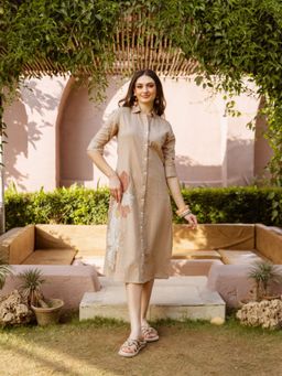 CUSTARD - Women Beige Cotton Floral Embroidered Straight Shirt Midi Dress