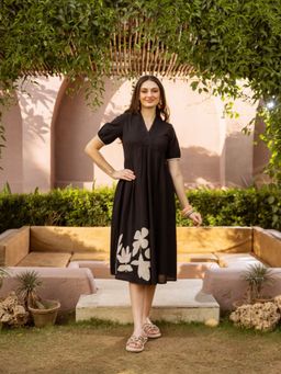 CUSTARD - Women Black Cotton Floral Embroidered Flared Midi Dress