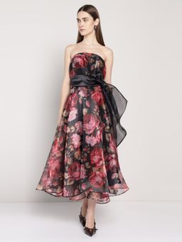 Cover Story - Black Floral Organza Printed Dress with Belt