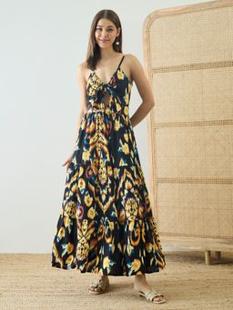 ZUMMER - Rayon Black Ikat Printed Front Tie Strappy Maxi Dress