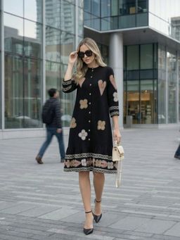 ZUMMER - Cotton Black Geometric Embroidered Midi Dress