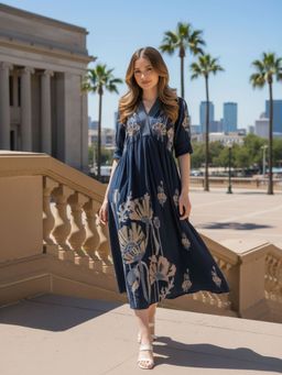 ZUMMER - Navy Blue Floral Embroidered Bell Sleeves Dress