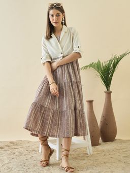 ZUMMER - Cotton Brown Printed Fit & Flare Midi Dress with Embroidered Jacket