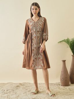 ZUMMER - Cotton Brown Embroidered Fit & Flare Dress