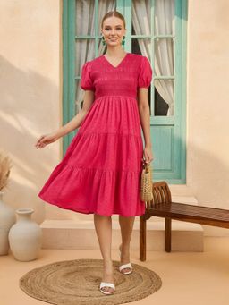 ZUMMER - Schiffli Pink Smocked Tiered Midi Dress
