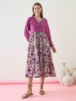 ZUMMER - Cotton Purple Printed Fit & Flare Midi Dress with Embroidered Jacket
