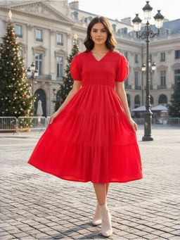 ZUMMER - Red Schiffli Smocked Tiered Midi Dress