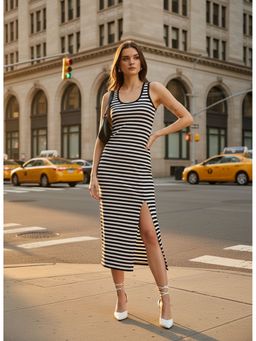 ZUMMER - Black Striped Front Slit Midi Dress
