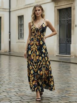 ZUMMER - Rayon Black Ikat Printed Front Tie Strappy Maxi Dress
