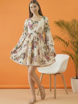 ZUMMER - Rayon Cream Floral Lace Detail Short Flared Dress