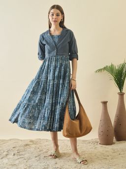 ZUMMER - Teal Cotton Printed Fit & Flare Midi Dress with Embroidered Jacket