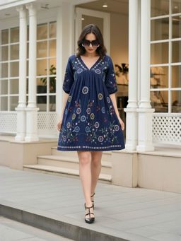 ZUMMER - Navy Blue Floral Embroidered Puff Sleeve Short Dress