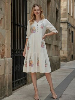 ZUMMER - Cotton White Floral Embroidered Midi Dress