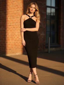 ZUMMER - Black Rib Halter Neck Midi Dress