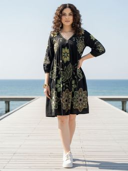 ZUMMER - Rayon Black Embroidered Empire Dress