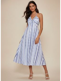 Outzidr - Blue Printed Bustier Style Halter Neck Dress