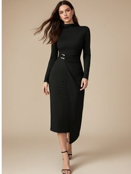 Outzidr - Black High Neck Fitted Midi with Buckle Trim Detail