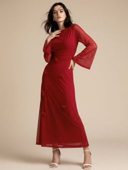 Outzidr - Red Boat Neck Dress with Mini Floral Corsages