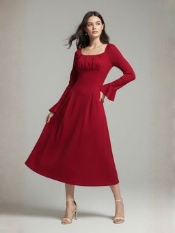 Outzidr - Red Square Neck Cinched Waist Dress with Floral Corsage