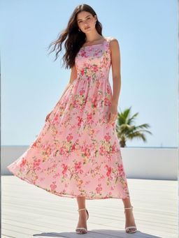 Outzidr - Pink Elegant Midi Dress with Flowy Skirt & Back Bow Detail