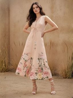 Outzidr - Pink Midi Dress with Bow Tie-up Detail