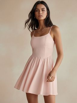 Outzidr - Pink Strappy Skater Solid Dress
