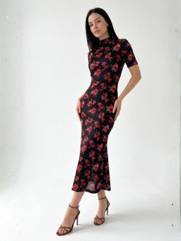 Outzidr - Black Short Sleeve High Neck Printed Dress