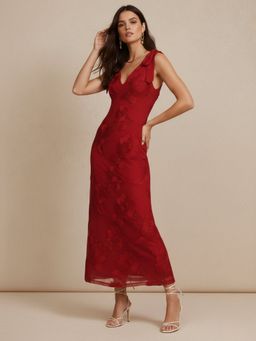 Outzidr - Red Shoulder Tie-Up Textured Dress