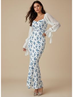 Outzidr - Blue Bishop Sleeve Floral Printed Dress