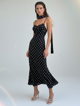 Outzidr - Black Strappy Polka Dotted Dress with Scarf
