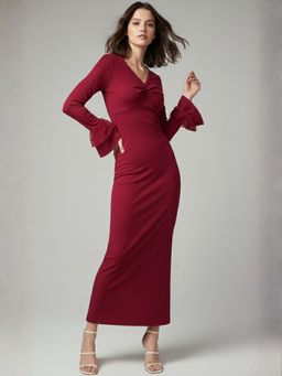 Outzidr - Red Mermaid Fitted Dress with Bell Sleeves