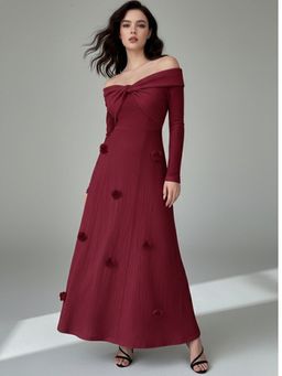 Outzidr - Maroon Twisted Off-Shoulder Flared Dress