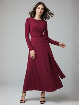 Outzidr - Maroon Round Neck Flared Dress With Embellishments