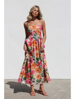 Outzidr - Multi-Color Strappy Floral Printed Vacation Dress