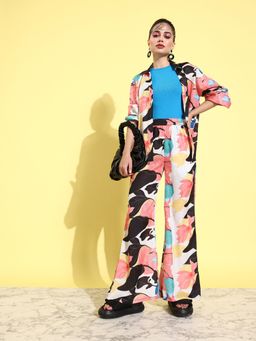 ANVI Be Yourself - Women Satin Multicolor Bell Bottom Co-Ord (Set of 2)