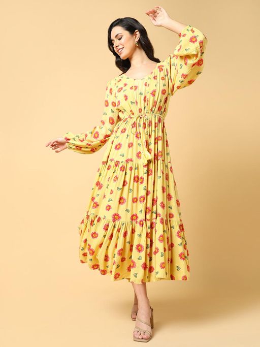Buy SHOWOFFFF Womens Floral Print Yellow Fit and Flare Dress Online