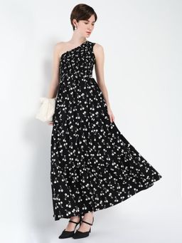 SHOWOFF - Womens Floral Print Black Fit and Flare Dress