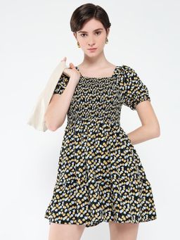 SHOWOFF - Womens Floral Print Black Fit and Flare Dress